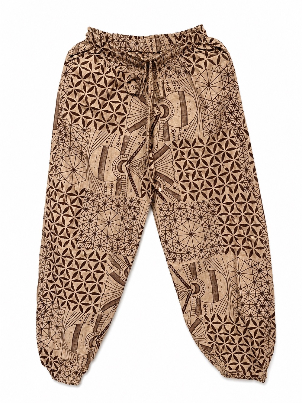Tan Patterned Drawstring Harem Pants. Such a fun print. Comfy and 100% cotton.